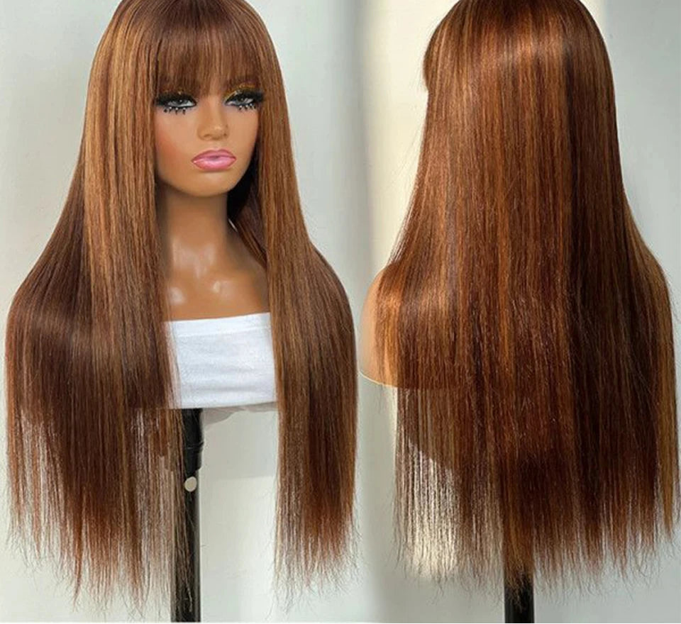 Dirty Pink Straight Human Hair Wig with Bangs | Full Machine Made Brazilian Remy for Women (Wear & Go) Luxegan