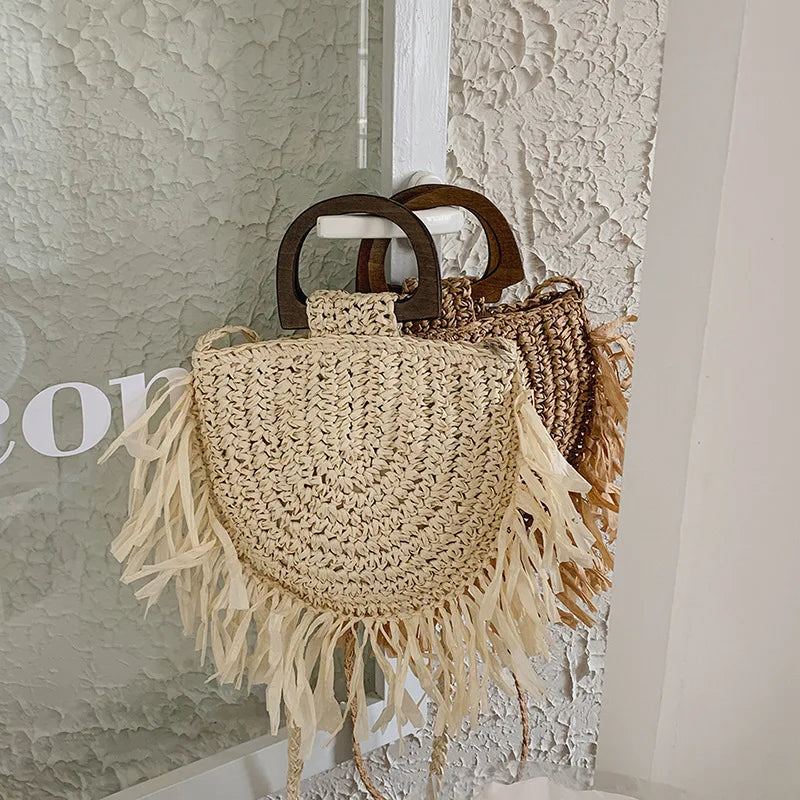 Handmade Semicircle Straw Bag | Sophisticated Woven Bohemian Crossbody | Elegant Holiday Beach Basket | Luxury "Dignified" Casual Shopping Tote with Tassel Decoration Luxegan