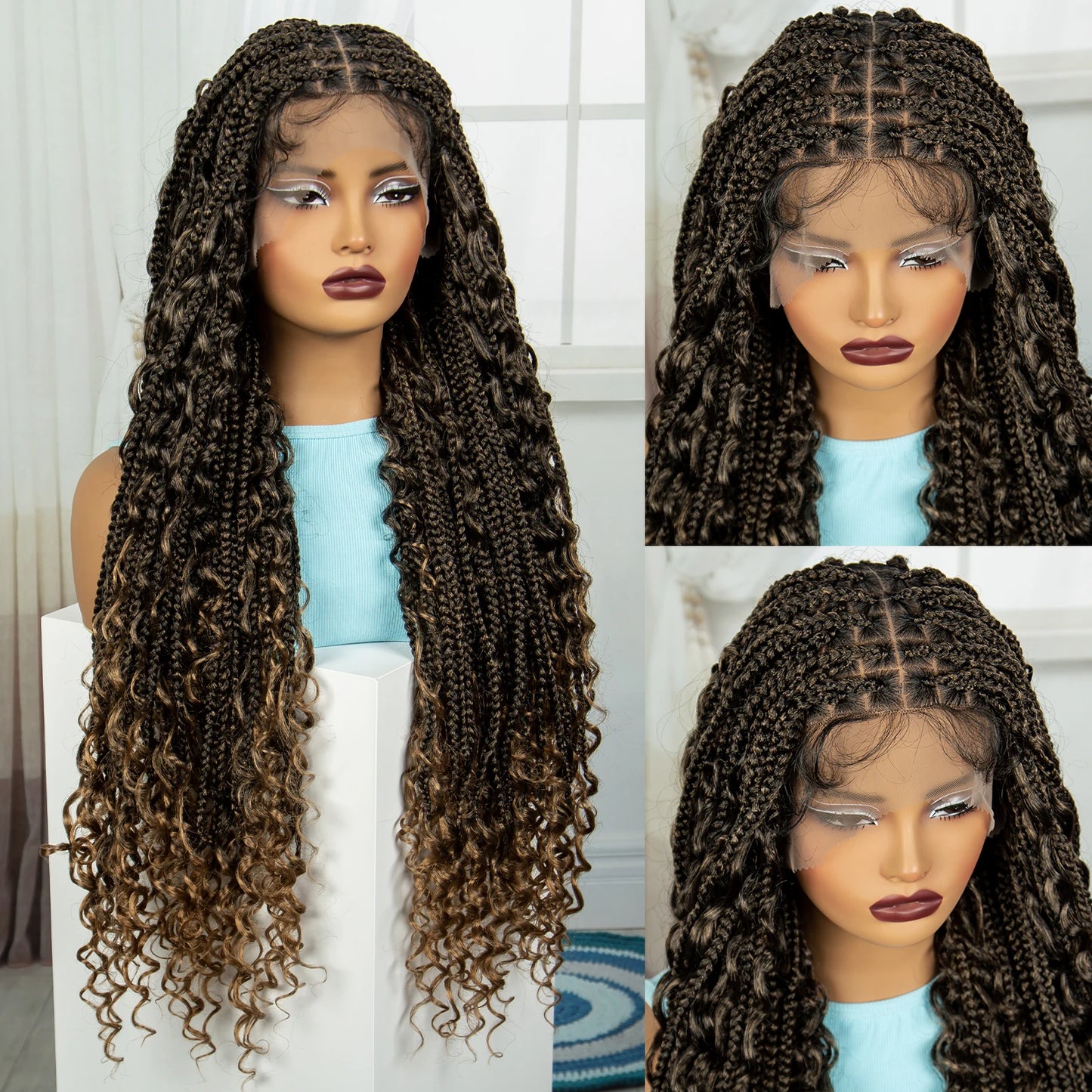 Burgundy Knotless Box Braids Wig with Curly Ends | Full Lace Handmade Luxegan