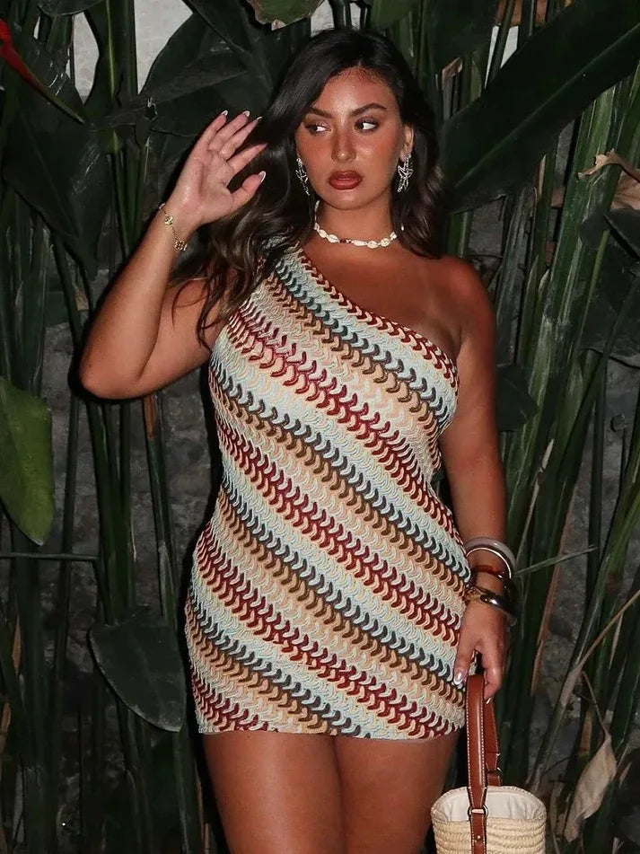 One-Shoulder Colorful Striped Bodycon Mini Dress Luxegan