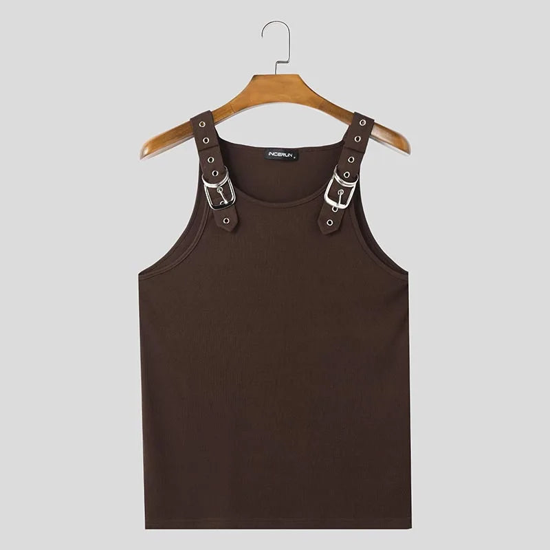 Fashion New Men's Deconstruction Mesh Vest | Sophisticated "City Walk" Metal Buckle Silhouette | Elegant Solid Comfortable Tank Top | "Dignified" High-Performance Summer Top for Radiant Versatile Styling Luxegan