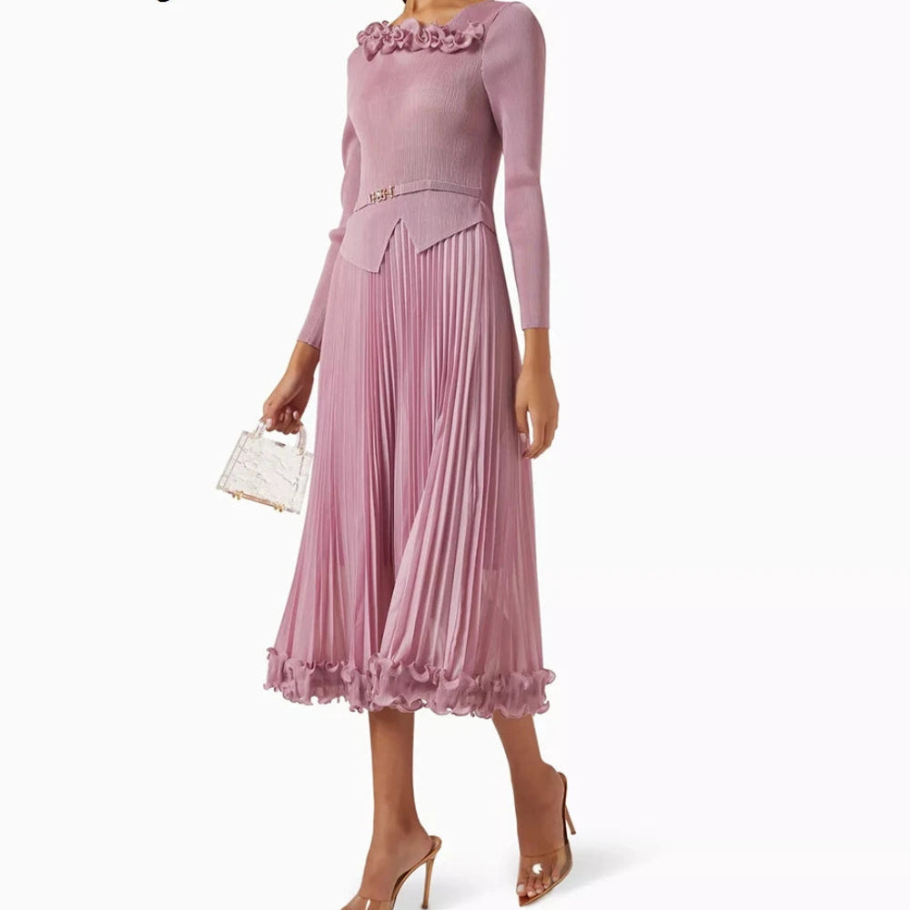 Ruched Sash Draped A-Line Prom Dress | V-Neck Full Sleeve Tea-Length Evening Gown Luxegan