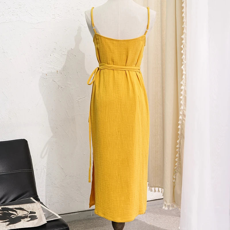 Solid V-Neck Spaghetti Strap Sash Tie Slim Fit A-Line Midi Dress – Cotton Crepe de Chine, Empire Waist, Summer Luxegan