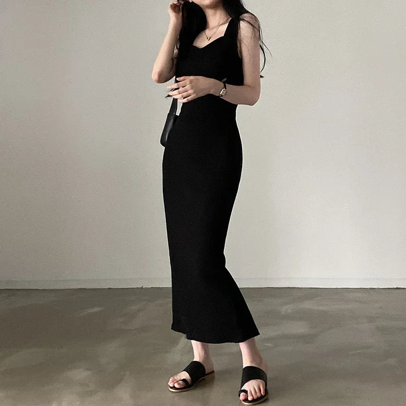 Women's Basic Knit Square Collar Midi Dress | Korean Fashion Sleeveless Tank Dress | Summer Casual Y2K Vintage Bodycon Outfit | High Stretch Slim Fit Sheath Vestido Model CBMGD26761 Luxegan