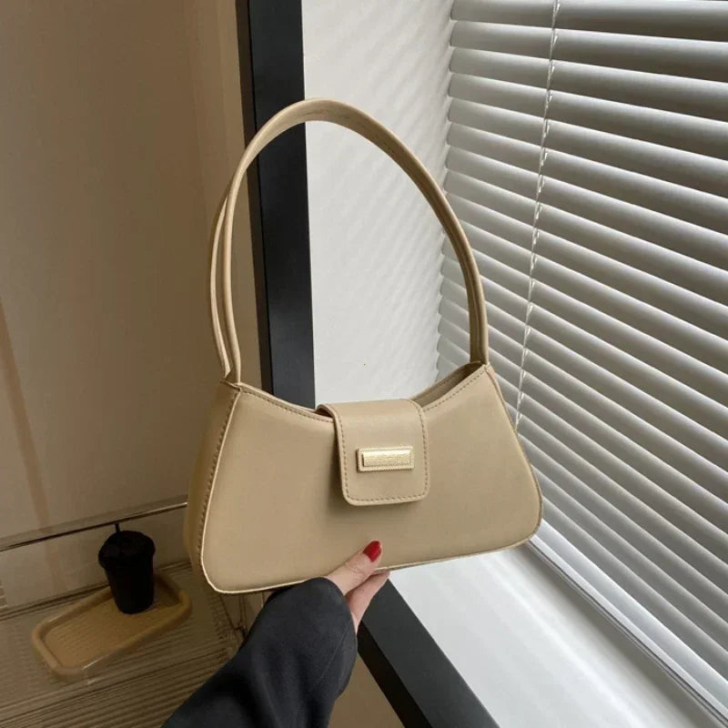 Minimalist Saddle Shoulder Bag | Sophisticated Simple Solid-Color Underarm Bag | Elegant Buckle-Detail Handbag | "Dignified" Structured Small Top-Handle Purse for Versatile Fashion Styling Luxegan