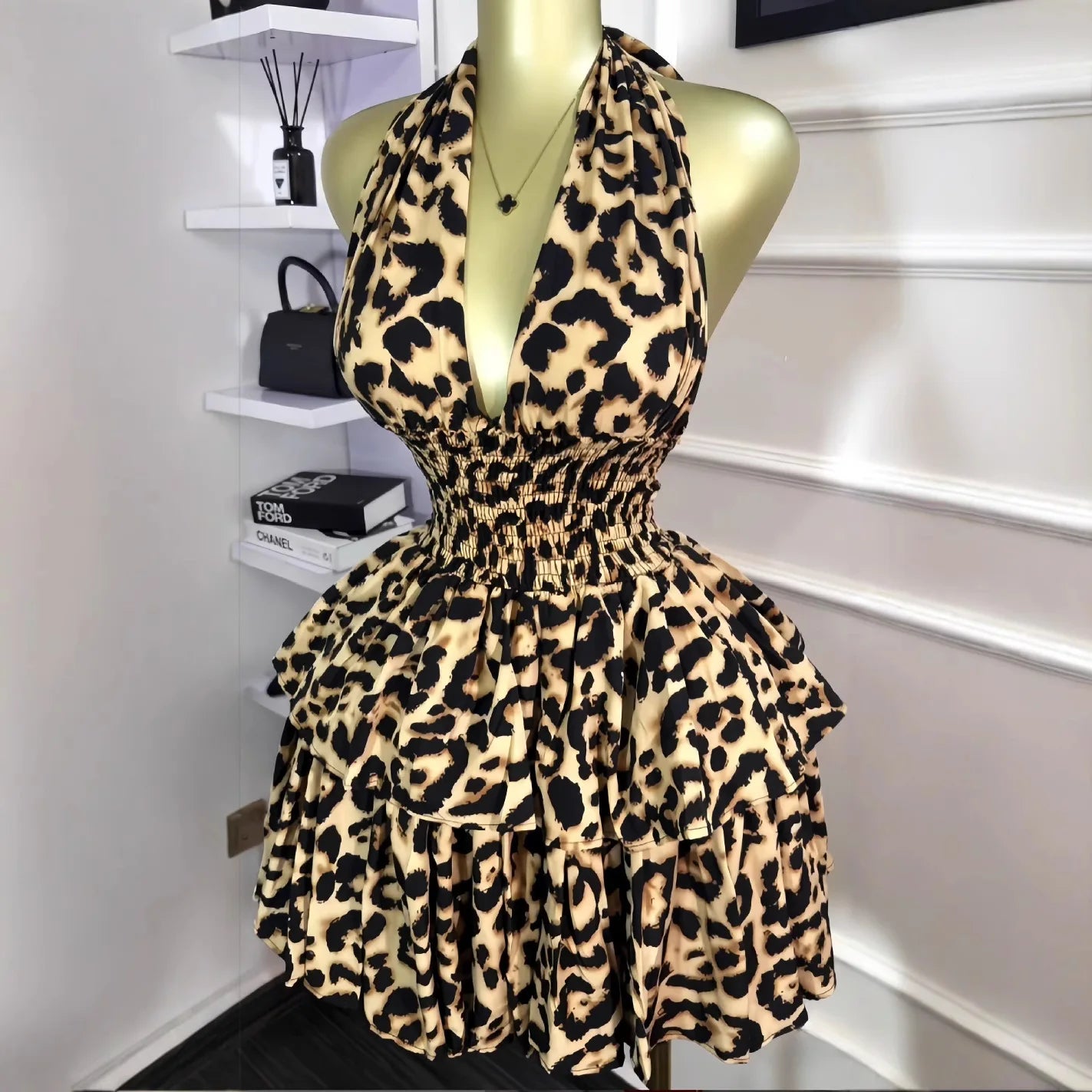 V-Neck Long Sleeve Ruffle Floral Print Hollow-Out Fit & Flare Mini Dress | Sexy Elegant Low-Cut Summer Dress Luxegan