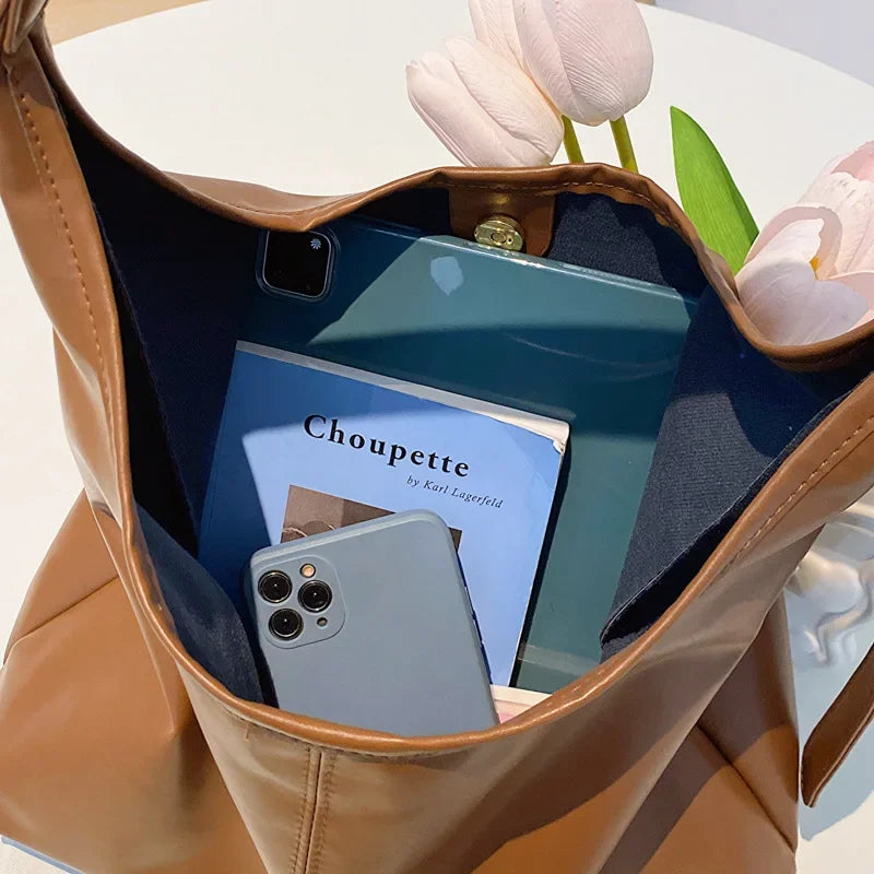 PU Leather Solid Casual Tote | Hard Retro Simple Large Shoulder Bag Luxegan