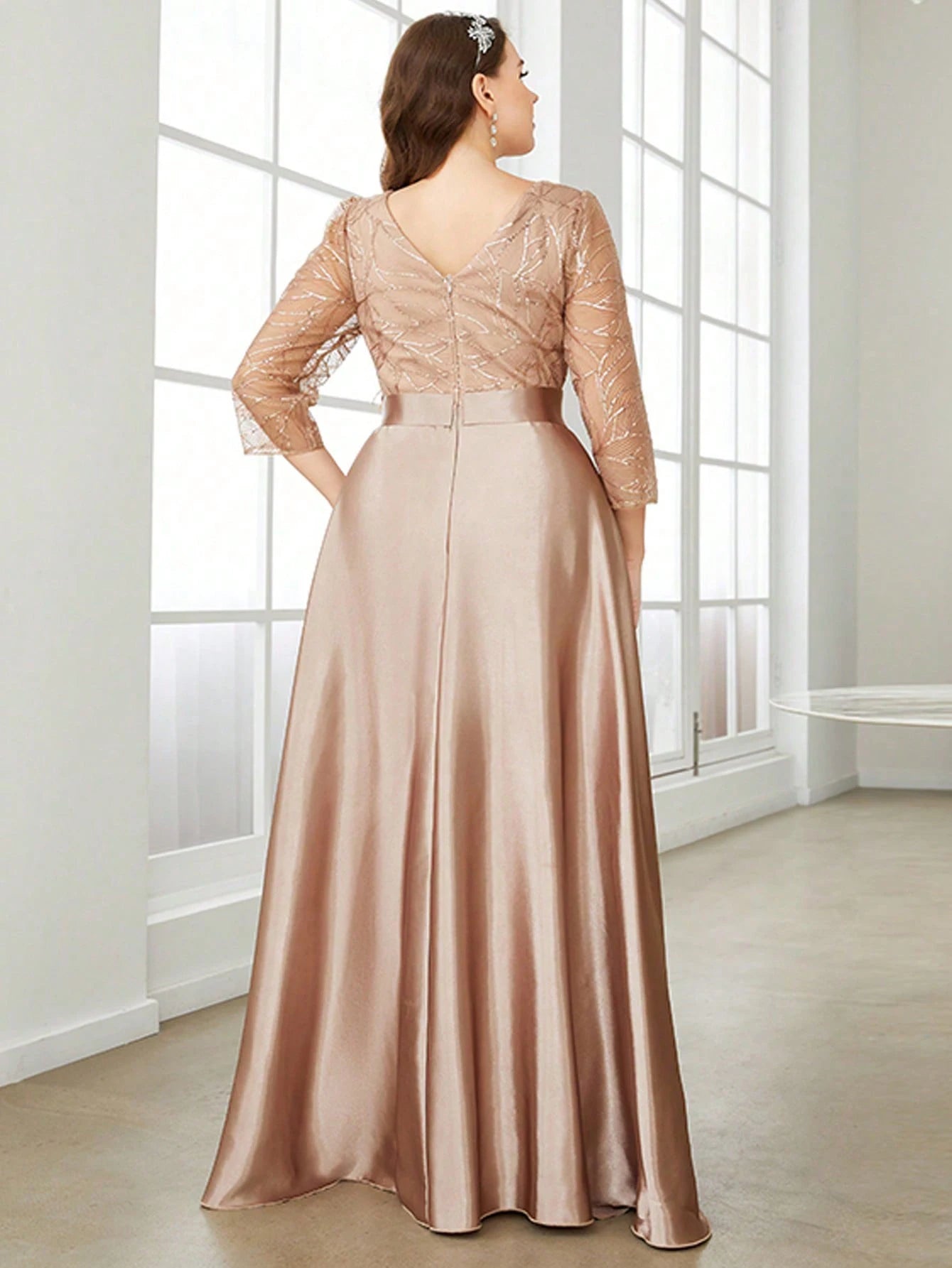Elegant Crew Neck Sequin Patchwork Satin Ball Gown | Long Sleeve Fit & Flare Party Dress | Premium Solid Color Ankle-Length Bridesmaid Dress | Regular Fit O-Neck Tatting Evening Dress Luxegan