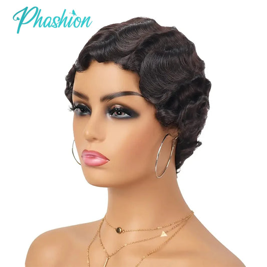 Phashion Pixie Cut Wigs Finger Wave Colored & Natural African Wig For Black Women Short Straight Machine Made None Lace Hair