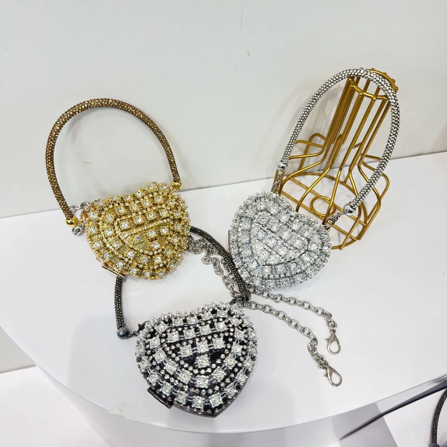Luxury Mini Heart-Shape Crystal Clutch | Hard Diamond Inlay Evening Party Handbag - view 6