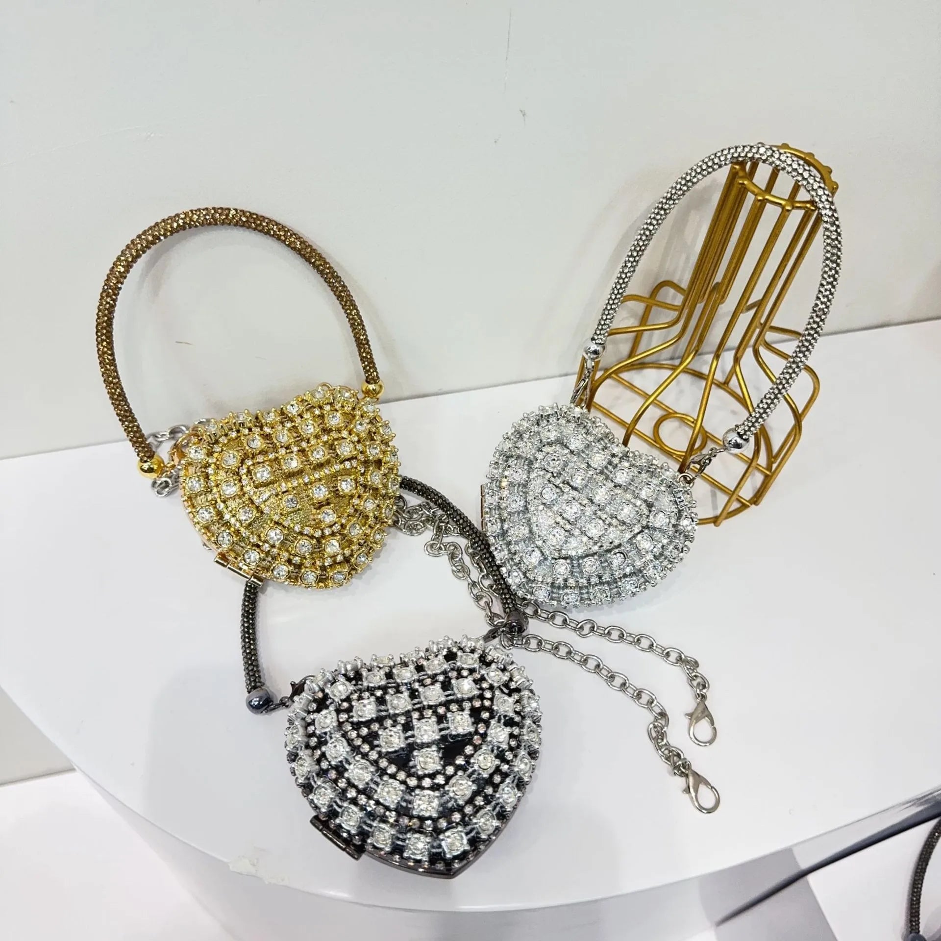 Luxury Mini Heart-Shape Crystal Clutch | Hard Diamond Inlay Evening Party Handbag - view 7
