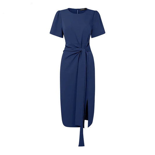Lace-Up Sash Midi Dress | Short Sleeve O-Neck Sheath Office Elegant Sundress Luxegan