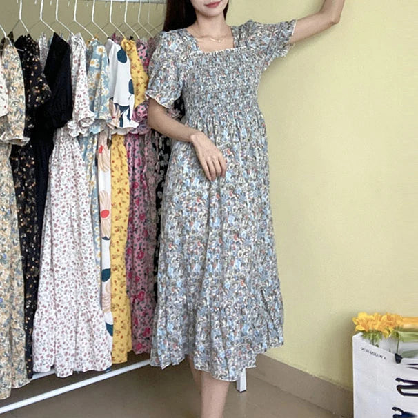 Women's Printed Chiffon Short-Sleeve Dress | Elastic-Waist Pleated A-Line Summer Dress | Slash-Neck Knee-Length Casual Slim-Fit Gown Luxegan