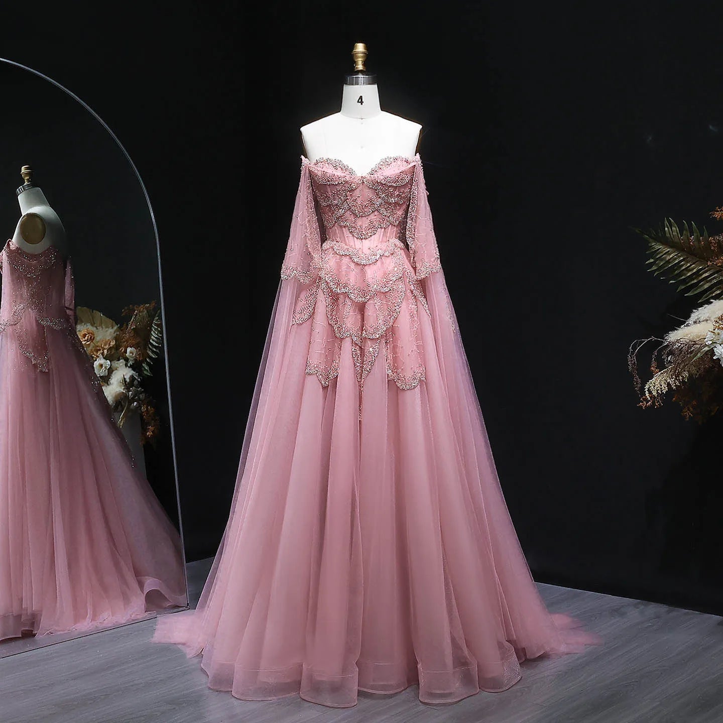 Off-Shoulder Sage Green Evening Gown | Fluid Cape-Sleeve Luxury Gala Dress | Sparkling Crystal Beading Floor-Length A-Line Gown Luxegan
