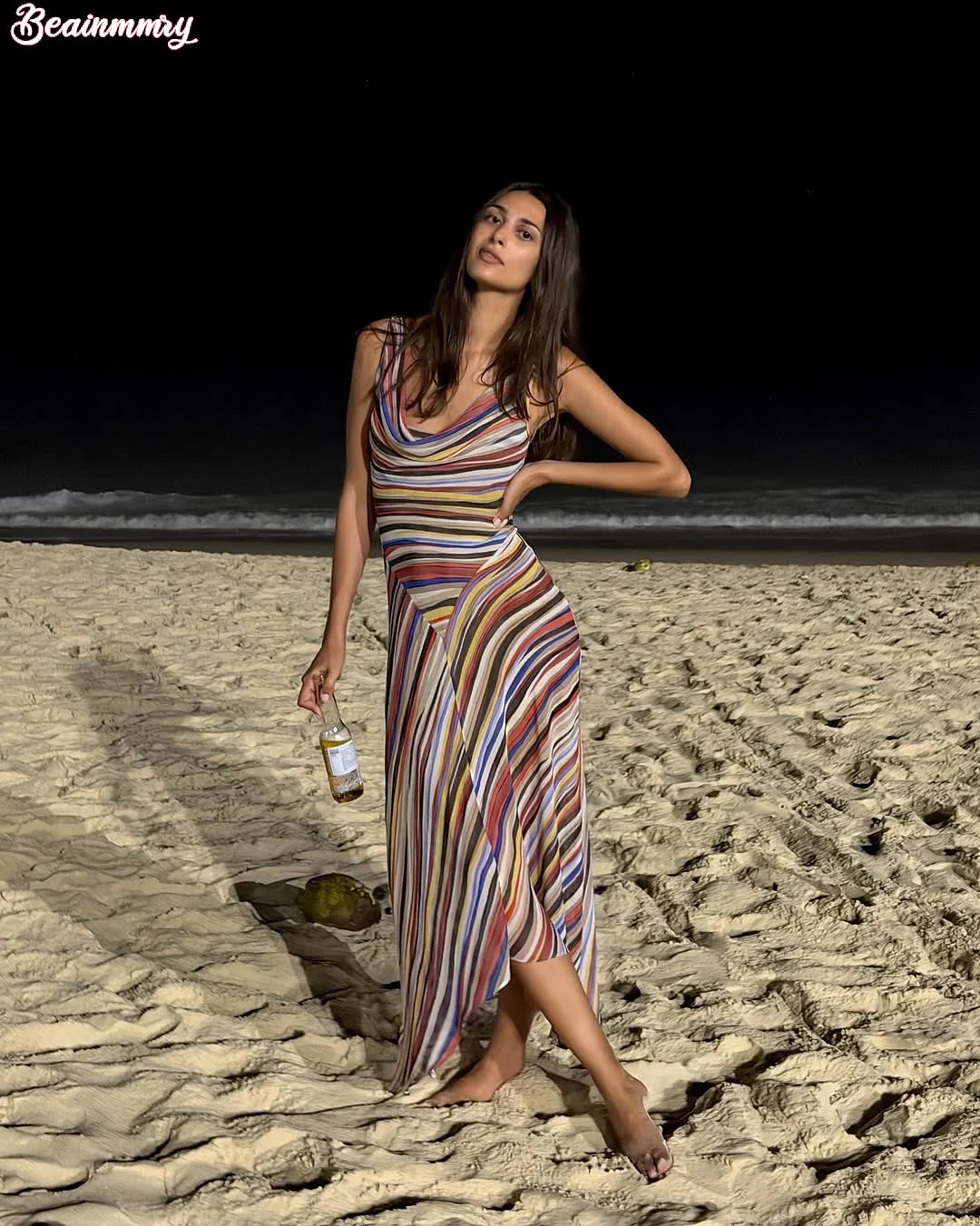 2026 Women Colorful Wavy Striped Maxi Dress Chic Swinging Collar Sleeveless Slim Waist Holiday Dresses Summer Lady Vacation Robe