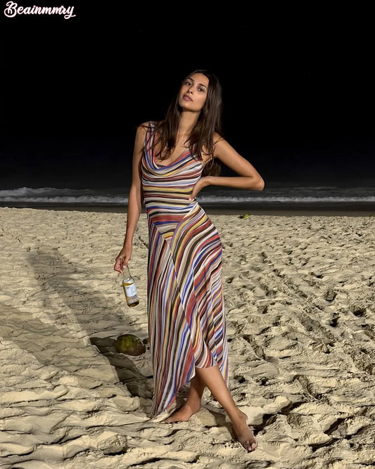 2026 Women Colorful Wavy Striped Maxi Dress Chic Swinging Collar Sleeveless Slim Waist Holiday Dresses Summer Lady Vacation Robe