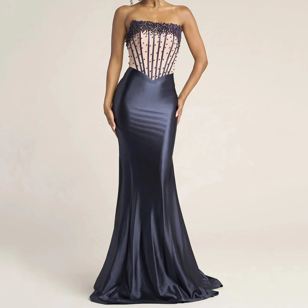 Beaded Backless Mermaid Evening Gown | Strapless Sleeveless Floor-Length Prom Dress Luxegan