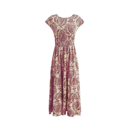 Women's Vintage Floral Printed Long Dress Jumpsuit | Elegant V-Neck Short-Sleeve Maxi | Slim-Fit Ankle-Length Office Lady Summer Gown Luxegan