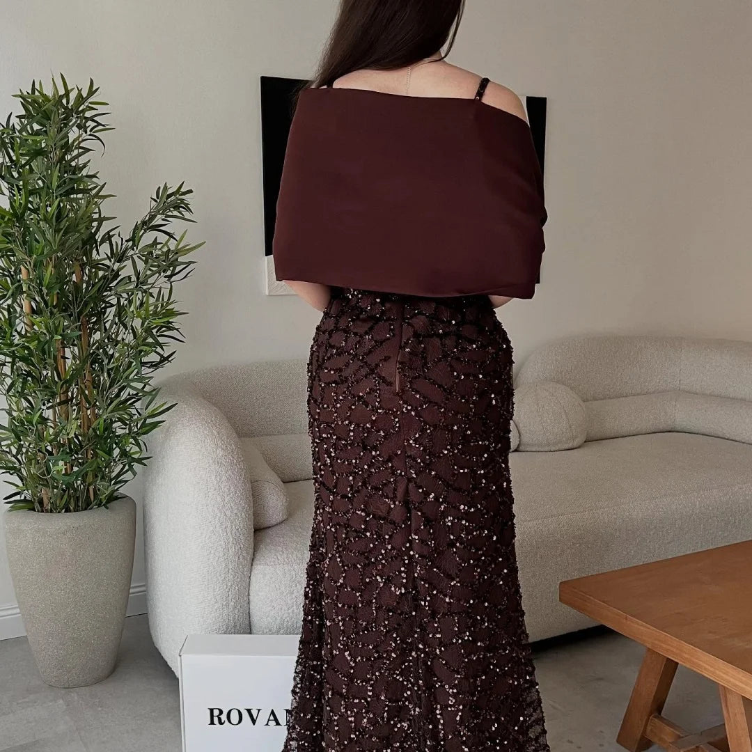 Bella Customized Dark Brown Square Neck Prom Dress Sequin Embellished Bow Shoulder Cape robes de soirée Slim-Fit Mermaid 2025