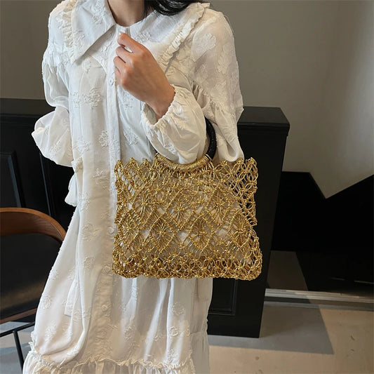 Handmade Woven Round Handle Handbag | Eco-Friendly Craft Paper Luxury Designer Bag | Hollow-Out Metallic Golden & Silver Top-Handle Tote | Sustainable Fashion Composite Bag Luxegan