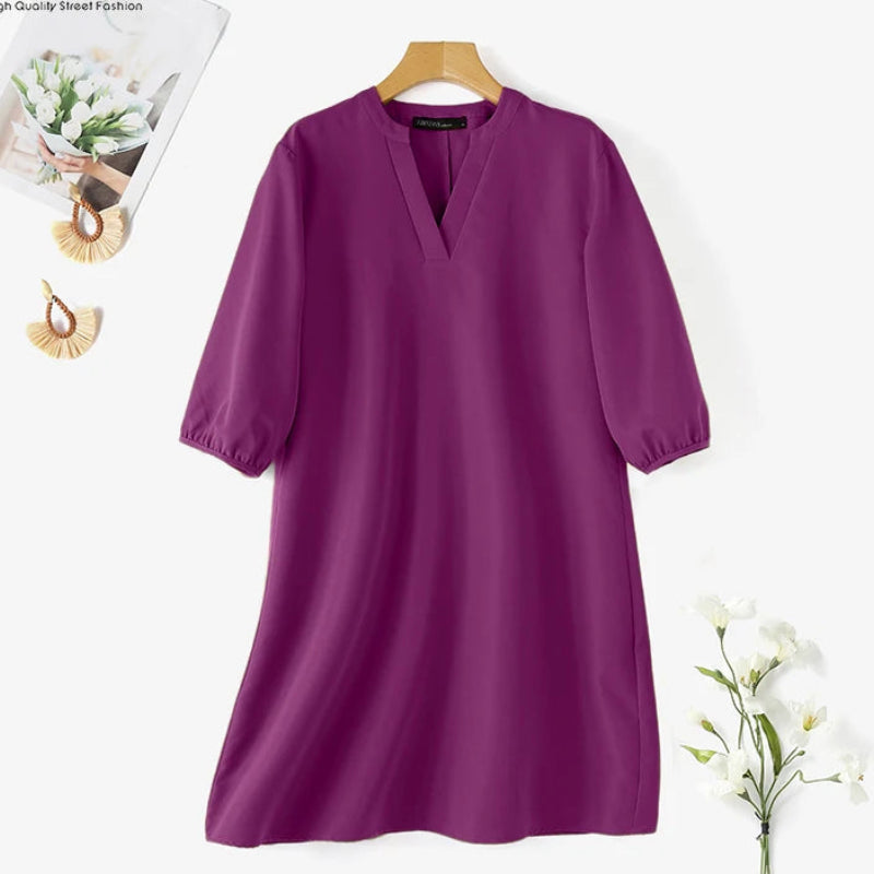 V-Neck Puff Sleeve A-Line Midi Dress | Elegant Solid Work & Casual Autumn Dress Luxegan