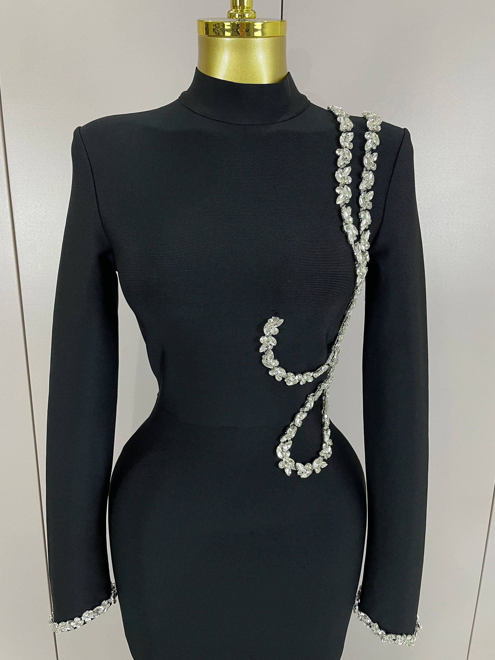 Diamond Appliqué Bodycon Maxi Dress | Long Sleeve High Collar Bandage Evening Dress Luxegan