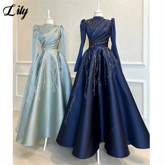 Vestidos de noche elegantes de raso azul oscuro de Lily, cuello alto, manga larga, vestidos de noche con bordado de cuentas فساتين السهرةPersonalizado