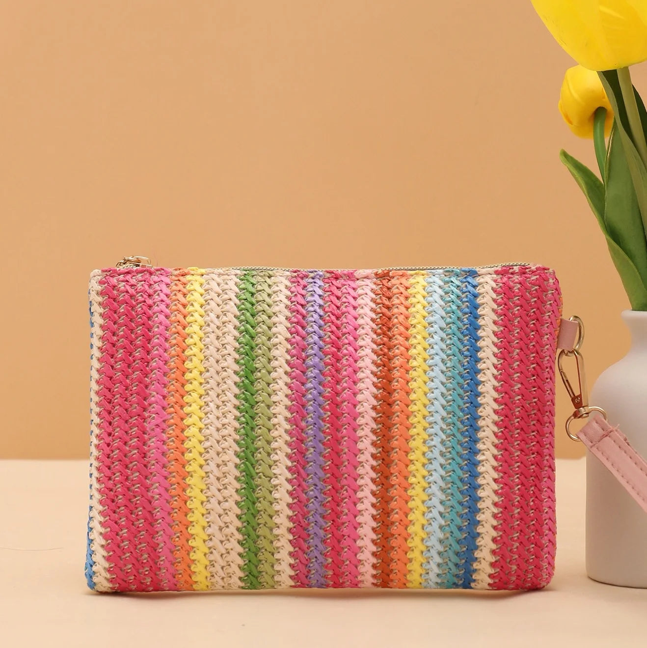 Colorful Rattan Knitting Beach Clutch | Fashion Straw Woven Wristlet Bag | Summer Vacation Money & Coin Purse | Versatile Rainbow Dinner Wallet Luxegan