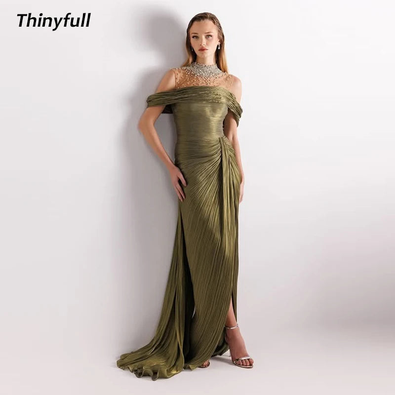 Dubai Shiny Satin Mermaid Prom Dress | Elegant High-Neck Pearl Evening Party Gown | Sleeveless Off-The-Shoulder Split Floor-Length Dress Luxegan