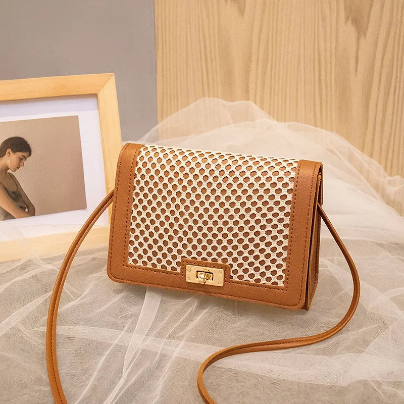 New Fashion Women’s Messenger Bag | Trendy All-Match Small Square Mesh Bag | Sophisticated Hit-Color One-Shoulder Mobile Phone Bag | Elegant TPU Satchel with Criss-Cross Detail Luxegan