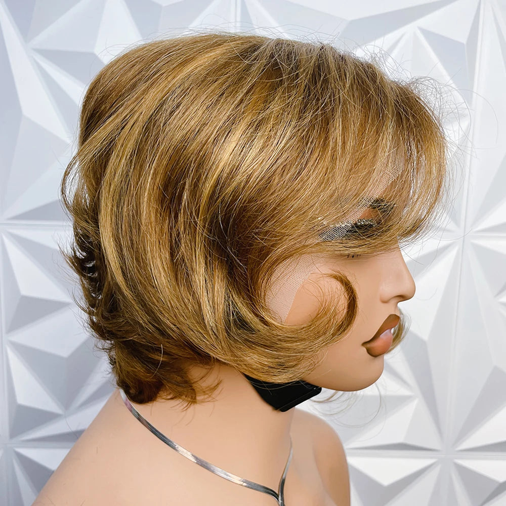 Short Pixie Cut Wavy Bob Wig | 13x4 Transparent Swiss Lace Frontal Wig | 100% Brazilian Remy Human Hair Highlighted Pixie Bob Wig with Pre-Plucked Hairline for Women Luxegan