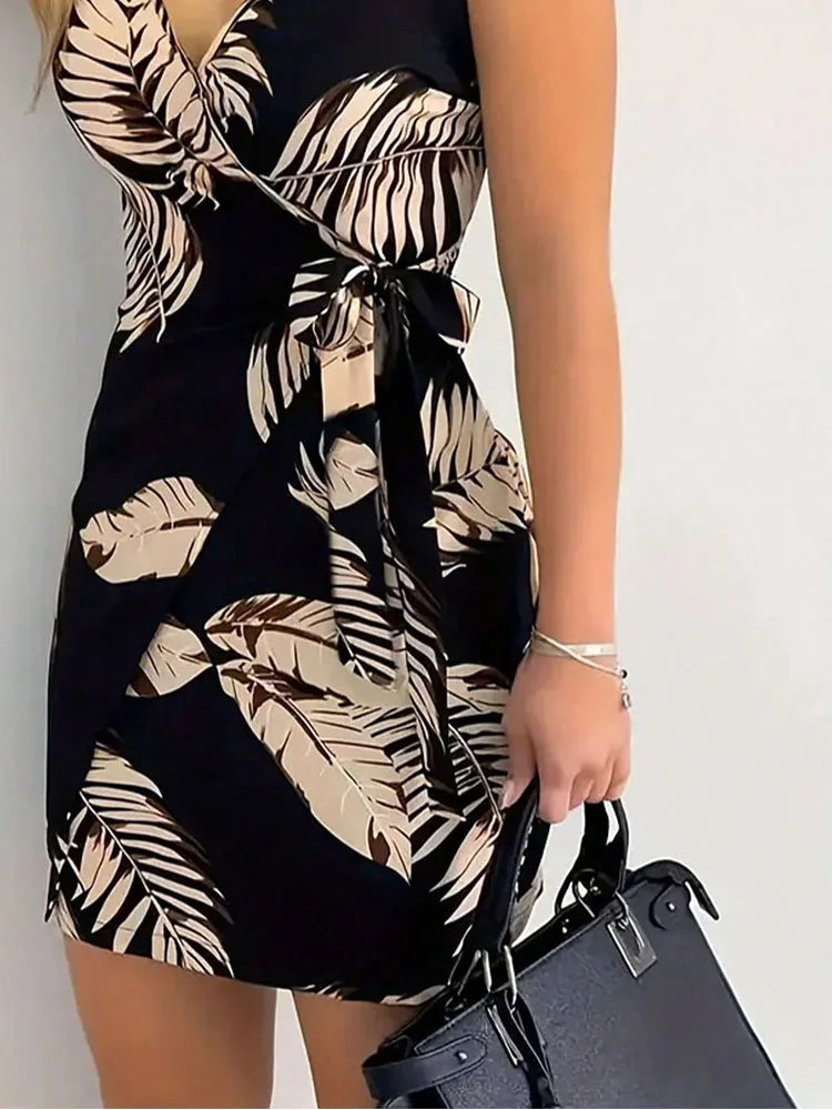 Tie-Front Floral Spaghetti Strap Mini Dress | Casual V-Neck Asymmetrical Summer Sundress | Elegant Non-Stretch Everyday Dress Luxegan 