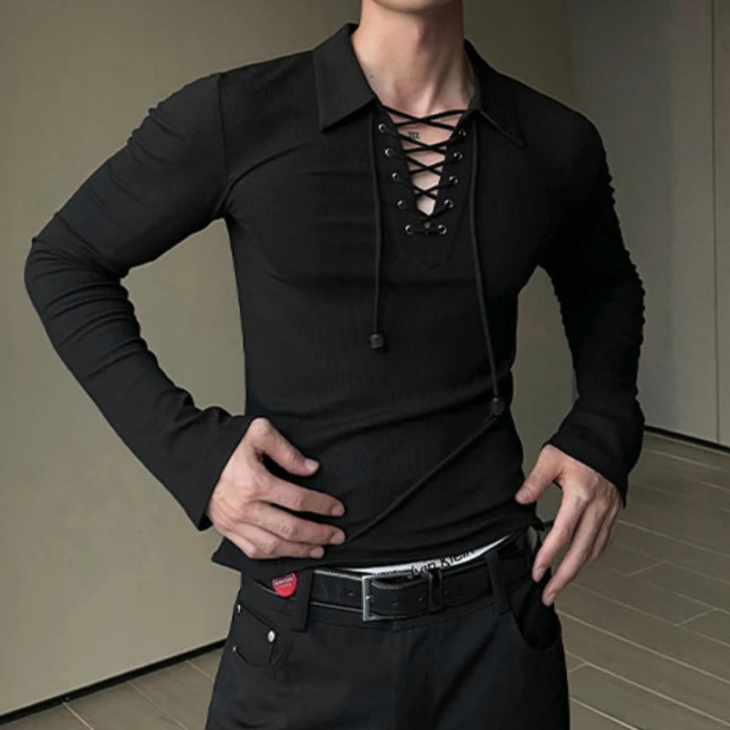 Mesh Drawstring Texture T-Shirt | Sophisticated Turn-Down Collar Silhouette | Elegant "Full-Length" Breathable Camiseta | "Dignified" Solid Knit Top for Radiant Versatile Styling Luxegan