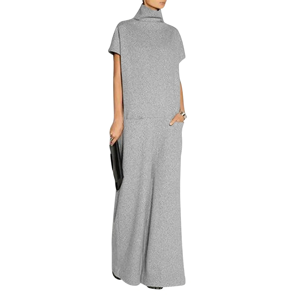 UOOZEE Women's Solid Color High Neck Pockets Elegant Maxi Dresses 2026 New Summer Short Sleeves Loose Urban Casual Long Dress