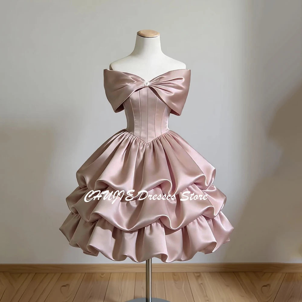Vintage Off-The-Shoulder Homecoming Mini Dress | Crystal Bow Tiered Graduation Dress | Sleeveless Knee-Length Satin Sweet 15 16 Prom Gown Luxegan