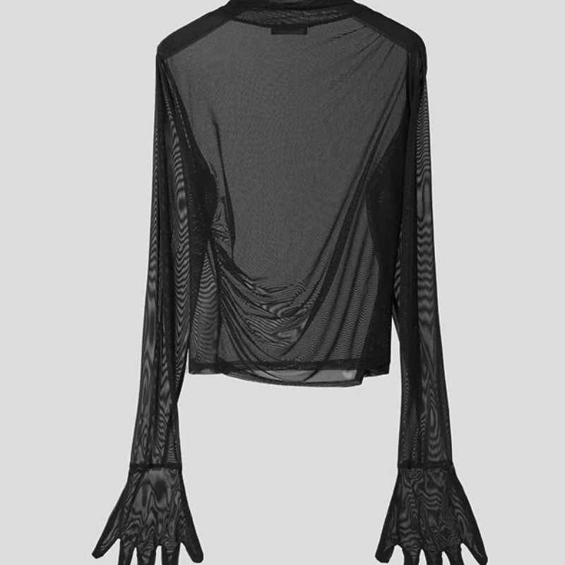Men’s Sexy Mock Neck Mesh T-Shirt | Sophisticated "Transparent" Long Sleeve Silhouette | Elegant "See-Through" Net Yarn Nightclub Top | "Dignified" High-Performance Party Shirt for Radiant Versatile Styling Luxegan