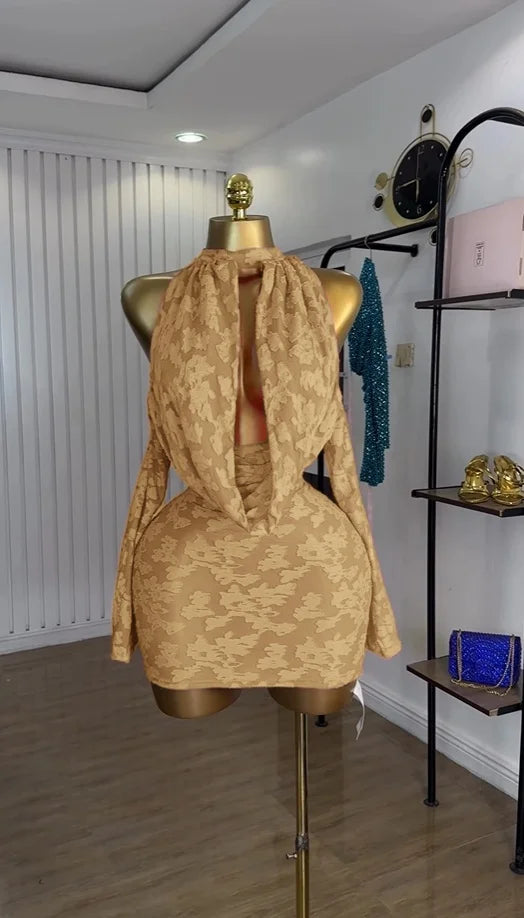 Print Sexy Halter Neck Full-Length Sleeve Slim Pencil Mini Dress – Medium-Stretch Polyester-Elastane, Natural Waist, Summer Luxegan