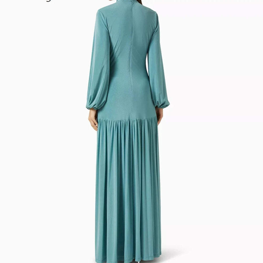 Draped A-Line Prom Dress | High-Neck Full Sleeve Floor-Length Evening Gown Luxegan