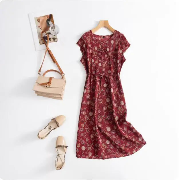 Print Round Neck Flare Sleeve Loose Straight Midi Dress – Mulberry Silk, Summer