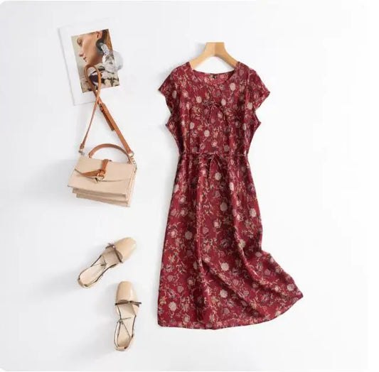 Print Round Neck Flare Sleeve Loose Straight Midi Dress – Mulberry Silk, Summer