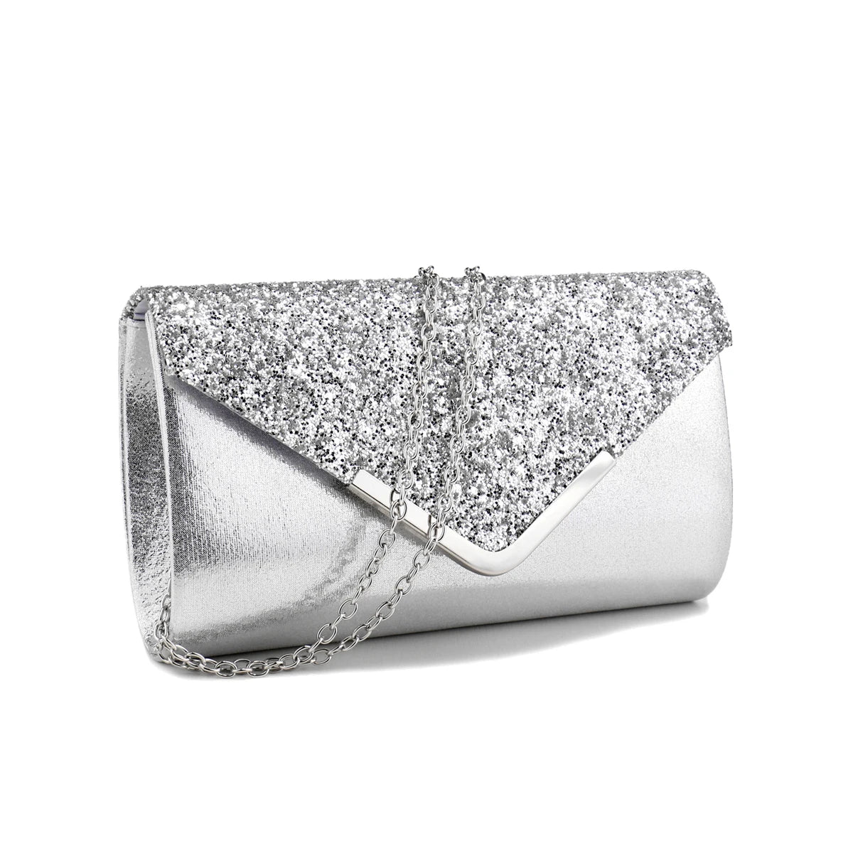 Sequined Envelope Clutch | Hard Silver V Design Metal Chain Evening Bag Luxegan