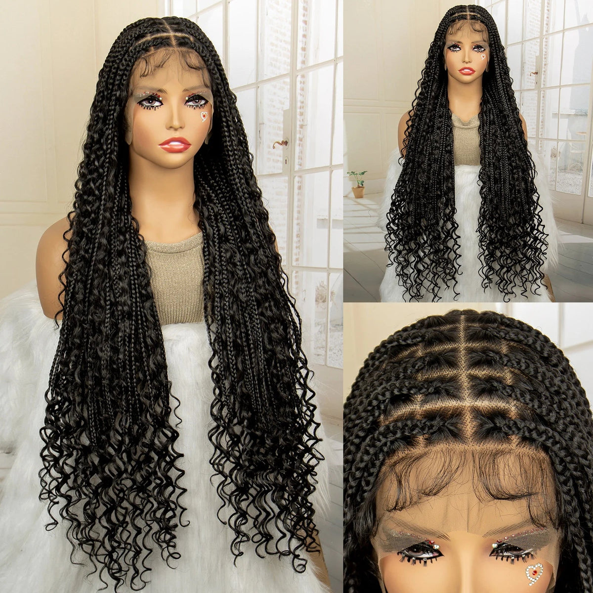 36 Inches Long Boho Braided Wigs with Baby Hair Synthetic Full Lace Knotless Box Braiding Wig with Curly Lace Frontal Wig Luxegan