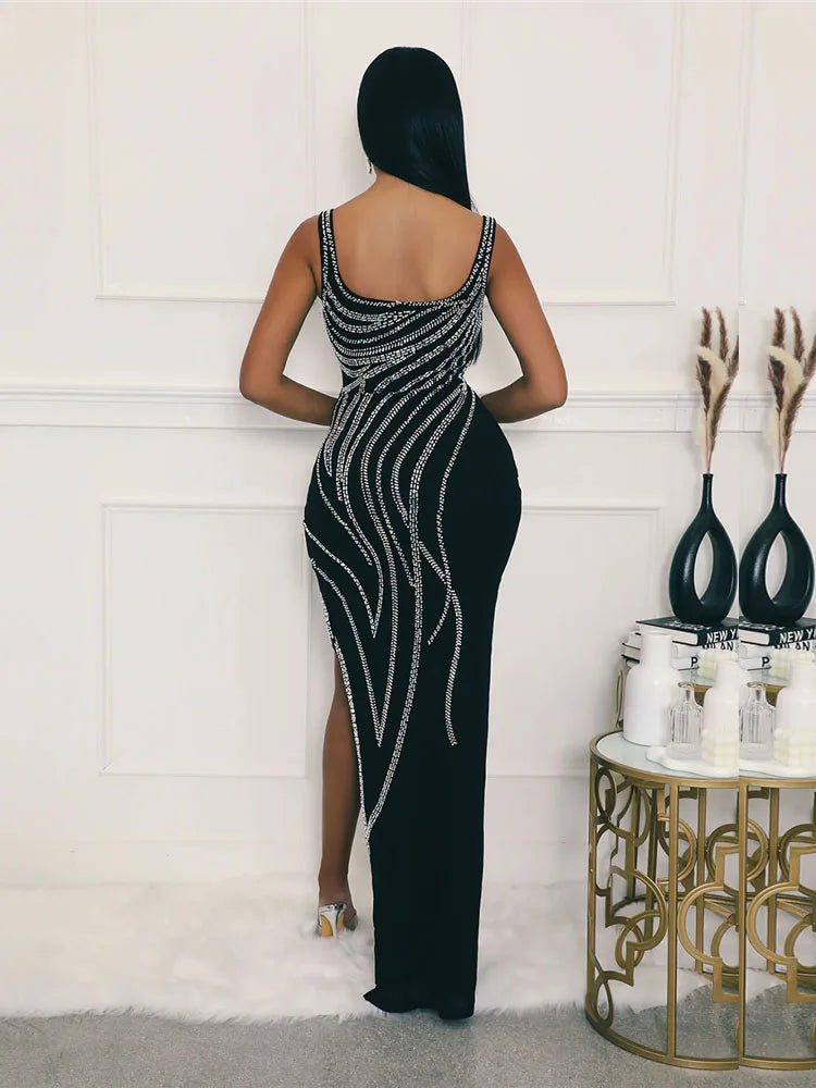 Rhinestone Patchwork V-Neck Tank Sleeveless Slim Sheath Floor-Length Club Occasion Dress – Polyester-Elastane, Empire Waist, Summer Luxegan