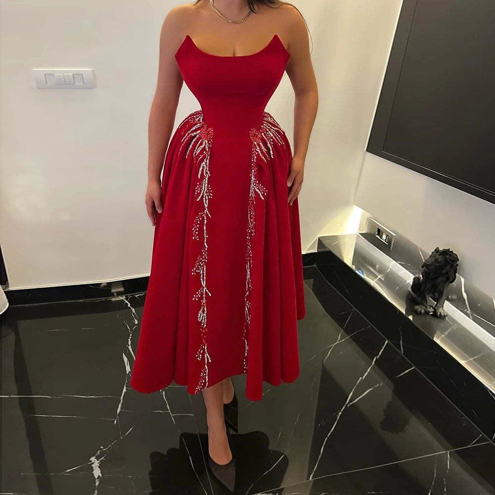 Sequined Backless A-Line Evening Gown | Strapless Sleeveless Tea-Length Prom Dress Luxegan
