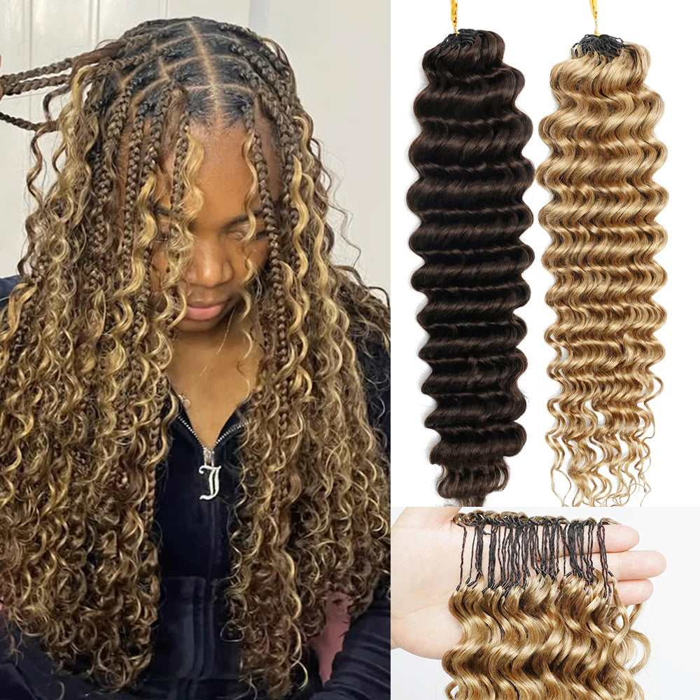 Deep Wave Miracle Knots Feathered Bulk Hair for Braiding – Highlight Brown & Honey Blonde Boho Braids 100%