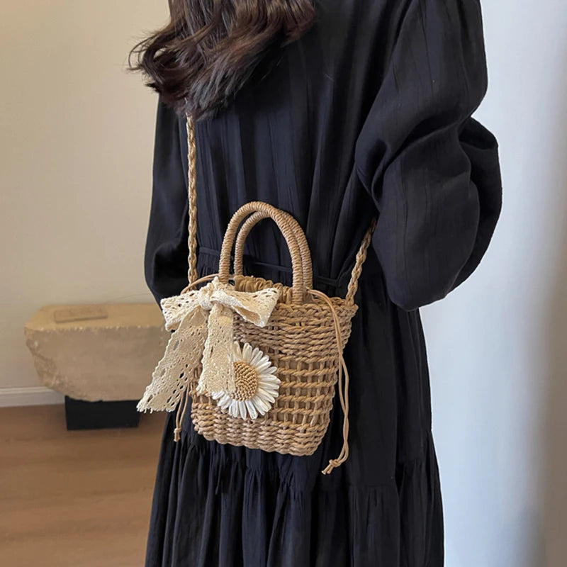 New Weave Lace Bow Handbag | Dacron Square Shape Straw Weave Bag & Small Bucket Tote Luxegan