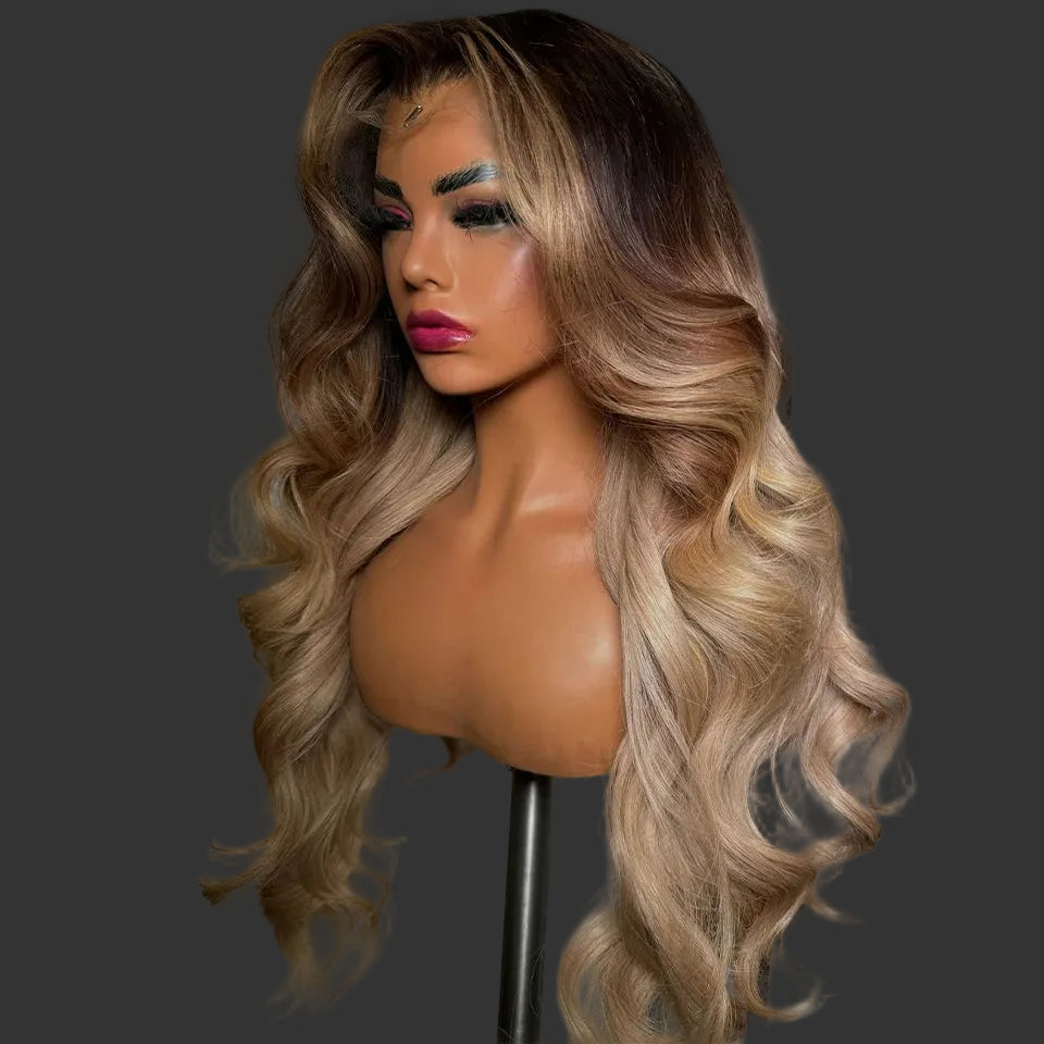 Luxury Ombre Blonde Body Wave Lace Front Wig | 13x6 / 13x4 Transparent Swiss Lace Frontal Wig | 100% Malaysian Remy Human Hair Multi-Tonal Black Brown to Honey Blonde 5x5 Closure Wig for Women (26+ Inch Long) Luxegan
