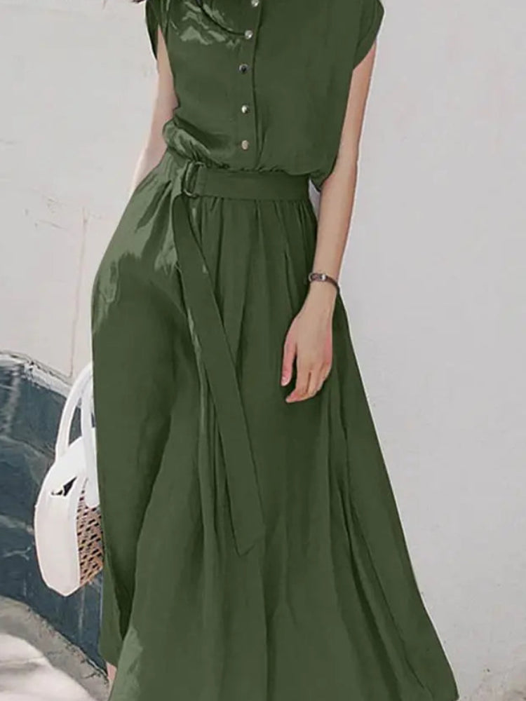 Women's Elegant Solid Short Sleeve Midi Dress | Casual Summer Party A-Line Sundress | Vintage O-Neck Pullover Dress with Sashes | Premium Jersey Regular Fit Vestido Luxegan