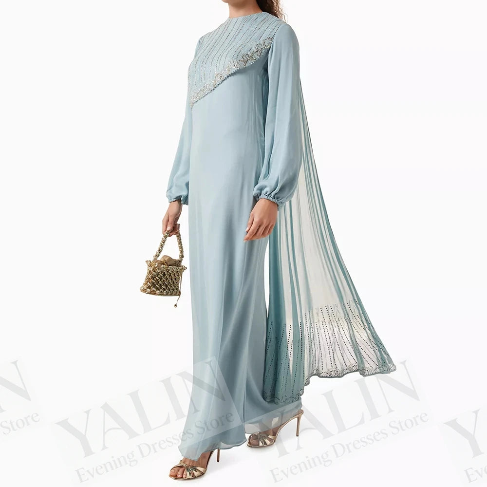 Women's Beaded A-Line Evening Gown – Ankle-Length, Full Sleeve Prom Dress