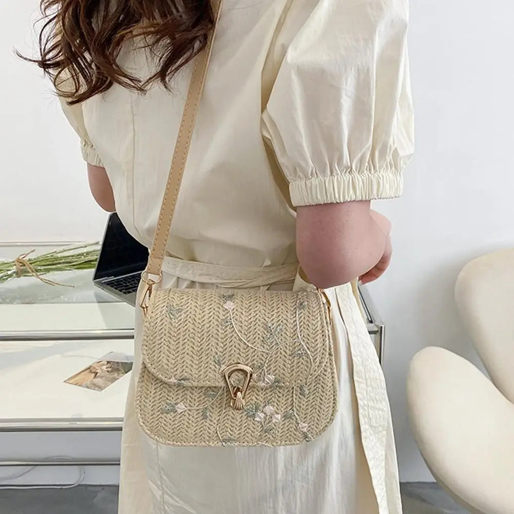 Flower Woven Saddle Bag | Cute Straw & Lace Embroidery Handbag Luxegan